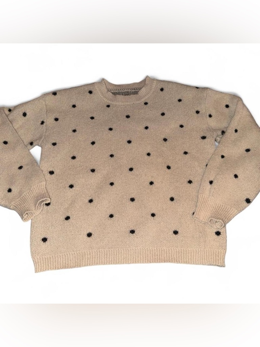 SHEIN Beige Crewneck Sweater with Black Polka Dots
